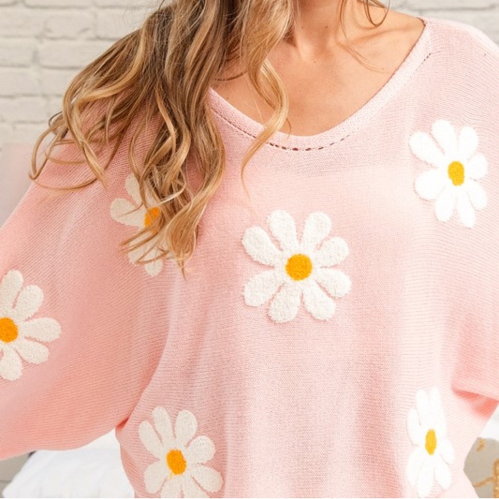 New Fabulous Boho Flower Embroidery Loose Fit Knit Top - Picture 4 of 9